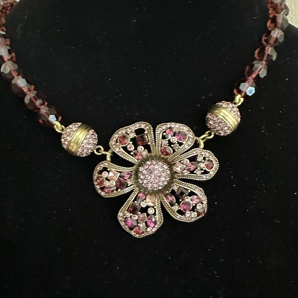 Heidi Daus Elegant Pink and Purple Gold Floral Necklace with Earrings